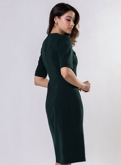 Round Neck Shift Dress With Flaps-Dark Green